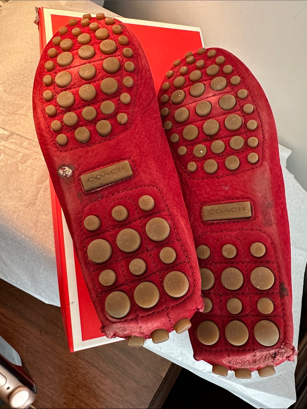 Coach Red Nubuck Driving Loafers with Decorative Bit - Picture 4 of 7